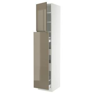 SEKTION / MAXIMERA Hc w p-o func 4drw/1dr/2shlv, white/Voxtorp high-gloss dark grey-brown, 18x24x90 "